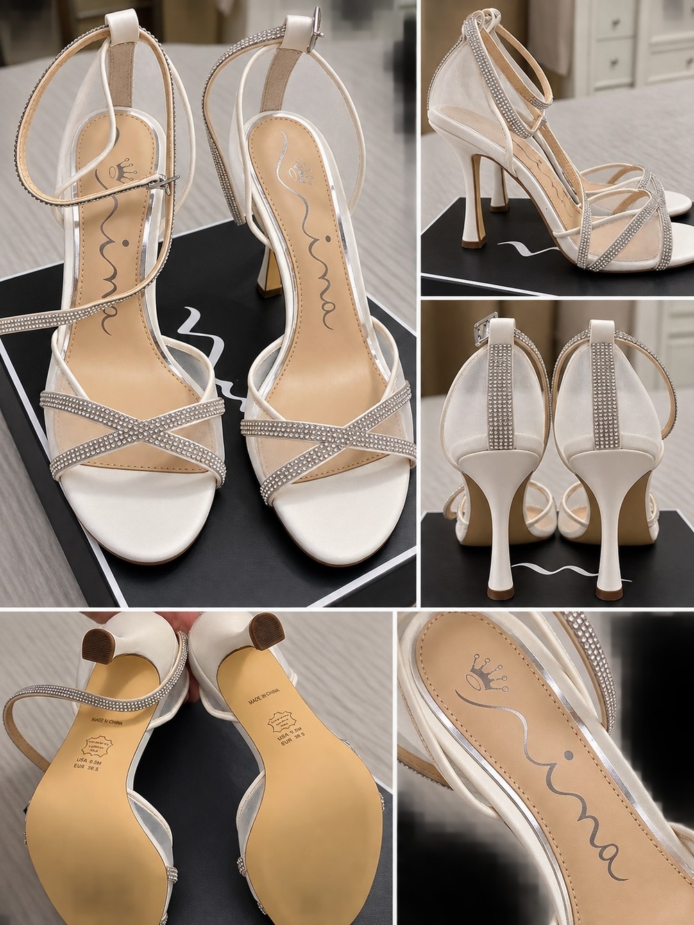 Nina White Satin Rhinestone Ankle-Strap Stiletto Heels